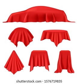 Red silk covered. Revealer cloth realistic exhibition curtains royal cover studio display vector collection