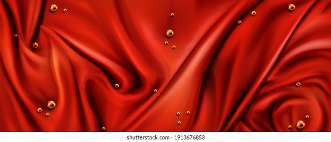 Red silk draped fabric background with gold pearls or randomly scattered shiny spheres. Luxurious folded textile decoration element for poster, banner or cover design. Realistic 3d vector illustration