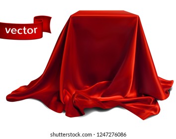 Red silk fabric, beautifully draped on the podium, on a white background. Highly realistic illustration.