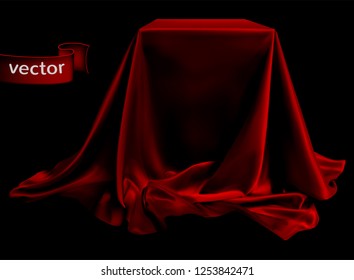 Red silk fabric, beautifully draped on the podium, on a black background. Highly realistic illustration.