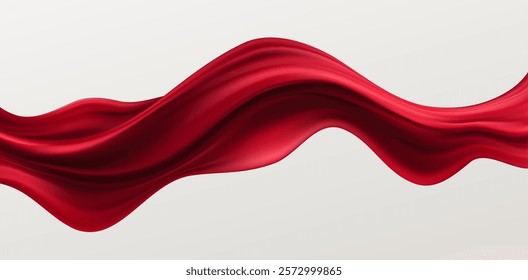 Red Silk Fabric Ribbon Wave Pleat Flying Isolated on White Background. Vector illustration