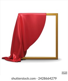 Red Silk fabric unveiling a golden empty frame isolated on white background. Red satin covered objects. 3d vector illustration.