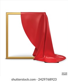 Red Silk fabric unveiling a golden empty frame isolated on white background. Red satin covered objects. 3d vector illustration.