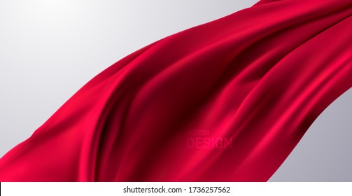 Red silk fabric. Vector 3d illustration. Flowing red textile. Realistic wrinkled curtain or flag. Abstract background. Decoration element for design