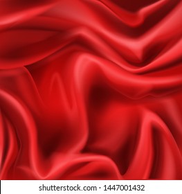 Red silk folded fabric background, luxurious textile decoration backdrop for poster, banner or cover design. Scarlet drapery material with soft satin waves, poster, 3d vector realistic illustration