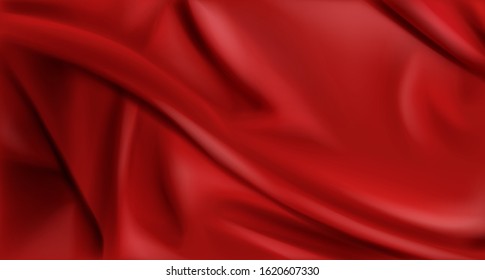 Red silk folded fabric background, luxurious textile decoration backdrop for poster, banner or cover design. Scarlet drapery material with soft satin waves, poster, 3d vector realistic illustration
