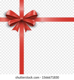 Red silk gift bow with ribbon isolated on transparent background for sale. Valentine or christmas celebration realistic bow on present box. Satin decoration gift ribbon bows. Vector illustration