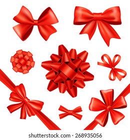 Red silk gift bows and celebration ribbons set isolated vector illustration