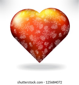 red silk heart with floral pattern white  roses isolated on white background raster