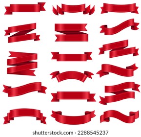 Red Silk Ribbon Big Set With Gradient Mesh, Vector Illustration