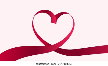 Red silk ribbon forms heart shape. Holiday decoration, greeting card, invitation design element. Red heart.