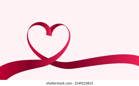 Red silk ribbon forms heart shape. Holiday decoration, greeting card, invitation design element. Red heart.