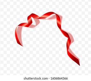 Red silk ribbon with shadow on transparent background.Realistic decorative element for the design of postcards, posters, banners and more.Vector illustration.The view from the top