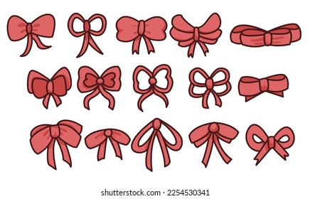 Red silk ribbons with bows festive decor satin rose, luxury elements for holiday packaging and design set on white background