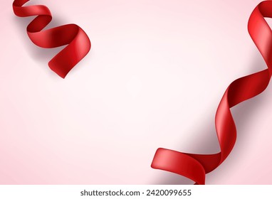 Red silk ribbons on white background. Greeting card template with copy space
