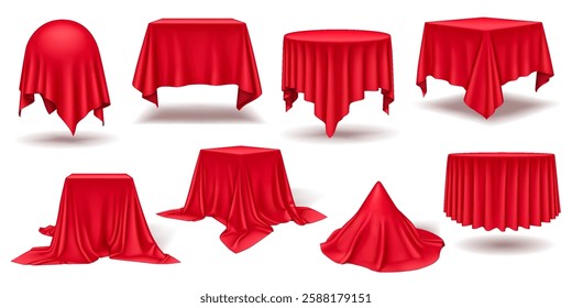 Red silk and satin cloths covering items realistic color icons set. Mystery and anticipation for grand event opening 3d objects bundle on white