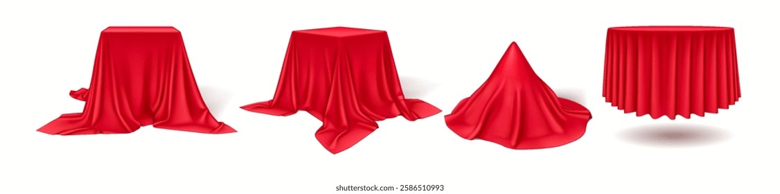 Red silk and satin fabrics draping forming shapes realistic color icons set. Anticipation of elegant unveiling 3d objects bundle on white