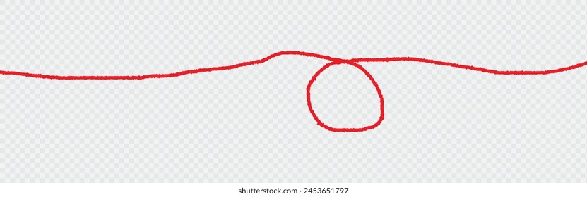 a red silk thread looped in a circle form, extending on both ends, symbolizing the red thread of fate in chinese tradition, on a pure white background with copy space.Line of red yarn, long red thread