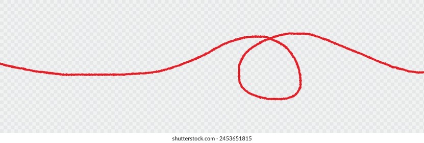 a red silk thread looped in a circle form, extending on both ends, symbolizing the red thread of fate in chinese tradition, on a pure white background with copy space.Line of red yarn, long red thread