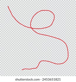 a red silk thread looped in a circle form, extending on both ends, symbolizing the red thread of fate in chinese tradition, on a pure white background with copy space.Line of red yarn, long red thread