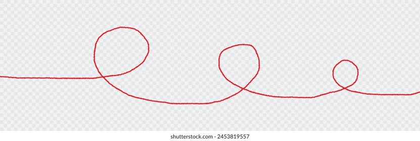 a red silk thread looped in a circle form, extending on both ends, symbolizing the red thread of fate in chinese tradition, on a pure white background with copy space.Line of red yarn, long red thread