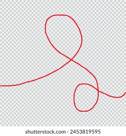 a red silk thread looped in a circle form, extending on both ends, symbolizing the red thread of fate in chinese tradition, on a pure white background with copy space.Line of red yarn, long red thread