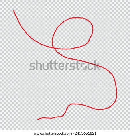 a red silk thread looped in a circle form, extending on both ends, symbolizing the red thread of fate in chinese tradition, on a pure white background with copy space.Line of red yarn, long red thread