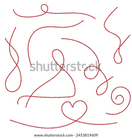 a red silk thread looped in a circle form, extending on both ends, symbolizing the red thread of fate in chinese tradition, on a pure white background with copy space.Line of red yarn, long red thread