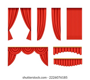 Red silk velvet curtains and draperies set. Luxury interior decor, theater opera stage drapery vector illustration