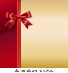 red silky bow and ribbon on holiday golden background. vector 