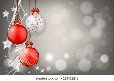 Red and silver Christmas balls on shiny background - place for your text. Vector illustration.