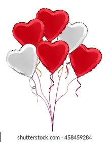 Red and silver heart shaped foil helium balloons. Detailed and realistic Vector illustration
