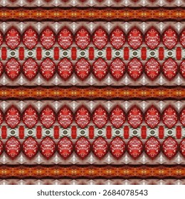 Red and silver kaleidoscope style pattern with repeating geometric texture, creating a striking seamless design for modern art, fashion, and background visuals.