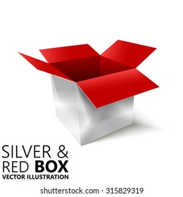Red and silver open box 3D/ vector illustration, design element