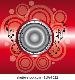 red and silver speaker with note musicals over circles and blue background
