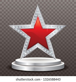red silver star with diamonds on silver podium, vector template for cosmetics, show business or something else