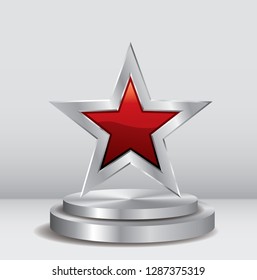 red and silver star on silver podium, vector template for cosmetics, show business, sports or something else
