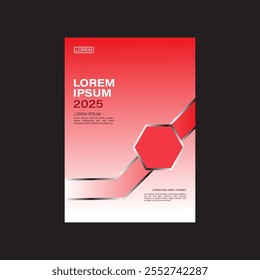 Hexágono vermelho, prata e branco abstrato sobre fundo branco e vermelho. Modelo de capa de livro tamanho A4 para relatório anual, revista, livreto, proposta, portfólio, brochura, cartaz