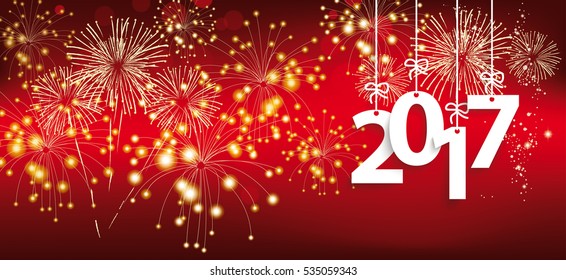 Red silvester card with hanging red numbers 2017 and fireworks. Eps 10 vector file.