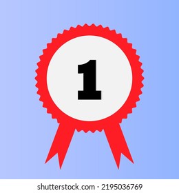Red simple award icon number one. Medal with ribbons isolated on blue background