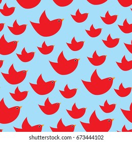 Red simple birds on the light blue background. Bright seamless pattern for backdrop, textile print, fabric or wrapping paper
