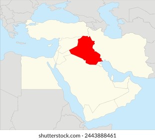 Red simple blank political map of IRAQ with black national country borders on gray  continent background and blue sea surfaces using orthographic projection of the highlighted beige Middle East