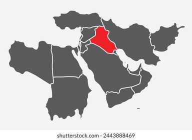 Mapa político en blanco simple rojo de IRAQ con fronteras nacionales blancas y gruesas sobre fondo azul claro usando proyección ortográfica del negro Oriente Medio