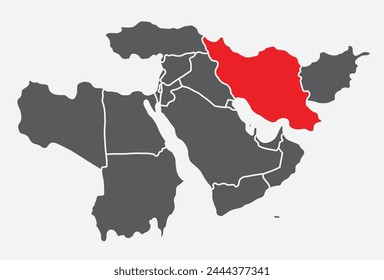 Mapa político en blanco simple y rojo de IRÁN con fronteras nacionales blancas y gruesas sobre fondo azul claro usando proyección ortográfica del Medio Oriente negro