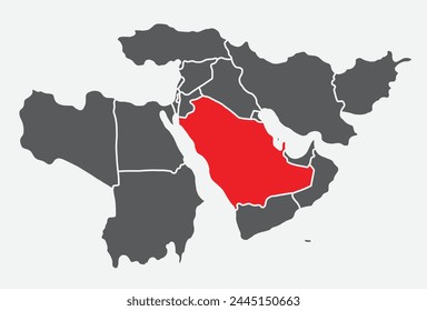 Mapa político en blanco simple rojo de ARABIA SAUDITA con fronteras blancas gruesas sobre fondo azul claro usando proyección ortográfica del negro Oriente Medio