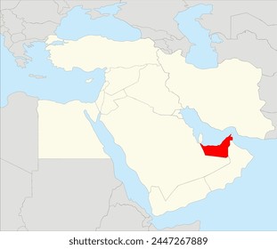 Red simple blank political map of UNITED ARAB EMIRATES with black borders on gray  continent background and blue sea surfaces using orthographic projection of the highlighted beige Middle East