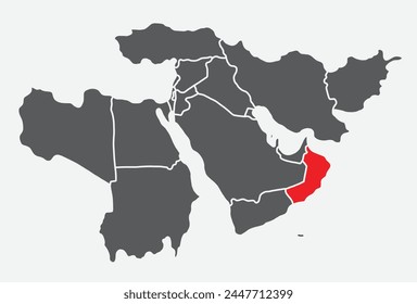 Mapa político en blanco simple rojo de OMÁN con fronteras blancas gruesas sobre fondo azul claro usando proyección ortográfica del Oriente Medio negro