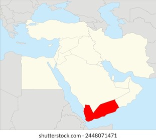 Red simple blank political map of YEMEN with black borders on gray  continent background and blue sea surfaces using orthographic projection of the highlighted beige Middle East