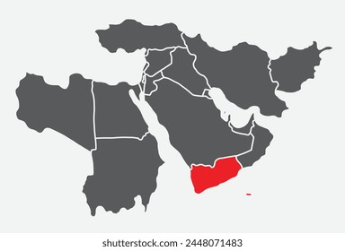 Mapa político en blanco simple y rojo de YEMEN con gruesos bordes blancos sobre fondo azul claro usando proyección ortográfica del negro Oriente Medio