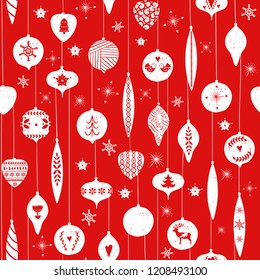 Red simple christmas balls for holiday celebrations Scandinavian Nordic style. Christmas, new year toys. Seamless pattern of christmas balls with simple decoration hand drawn. For holiday wrapping